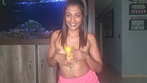 My slutty Indian self sitting half naked, squeezing my boobs as I constantly suck and gag on a banana